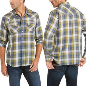 Ariat Alhambra Grey Yellow Plaid Retro Fit Pearl Snap Lightweight Flannel - M